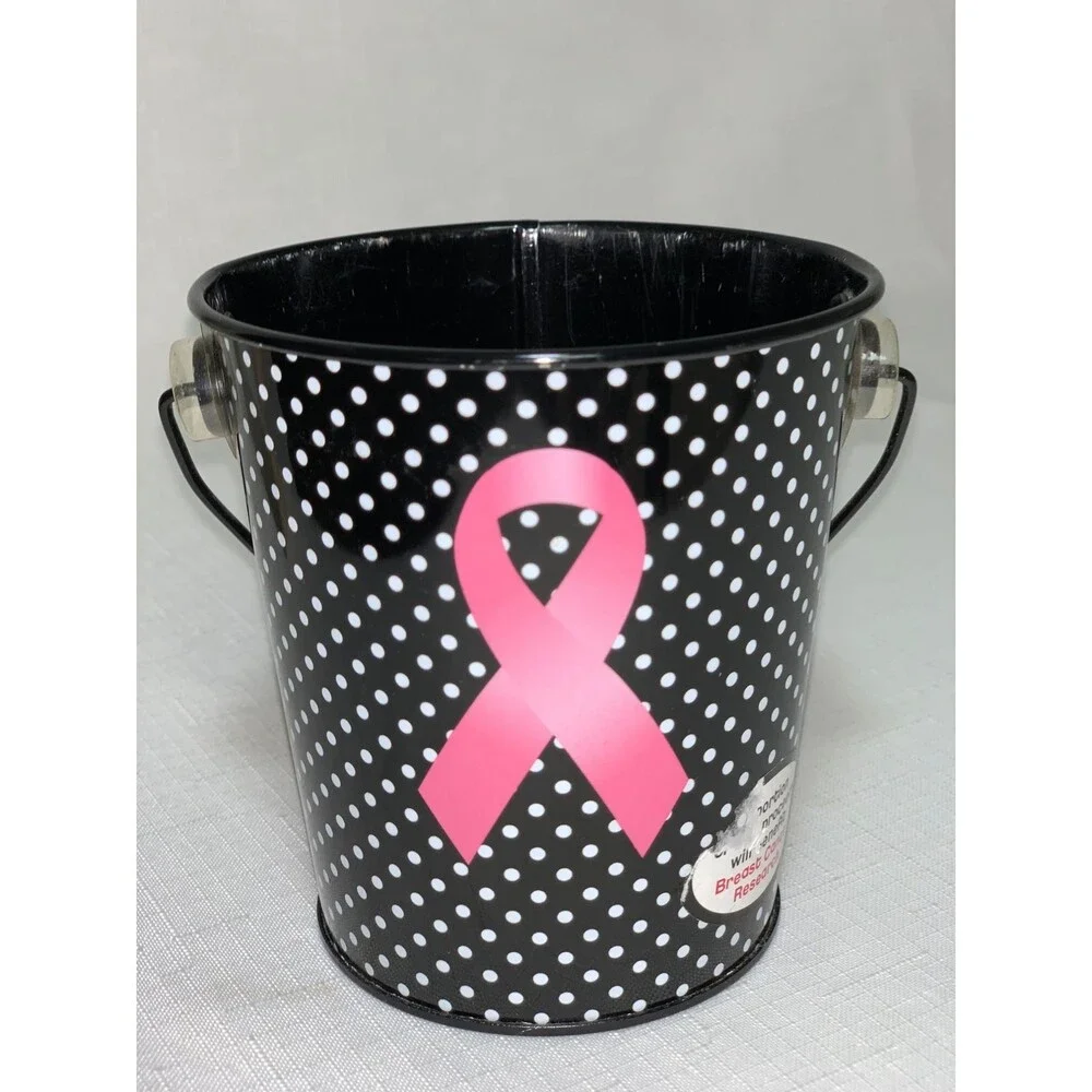 Breast Cancer Small Black & White Polka Dot Metal Pail With Pink Ribbon Design